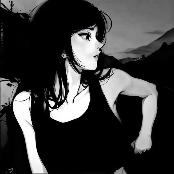 Conceptual monochrome anime avatar with symbolic composition