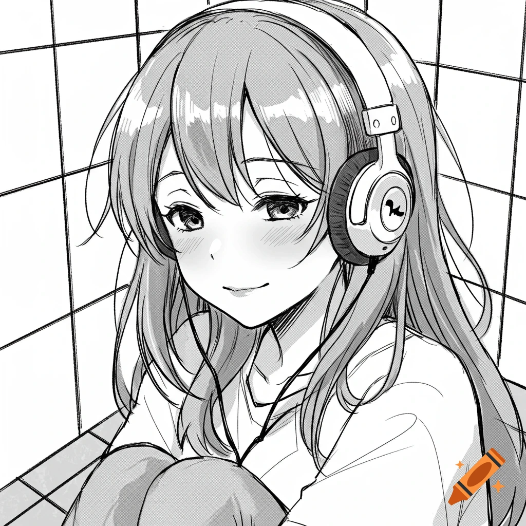 Black and white cute anime girl portrait approachable style