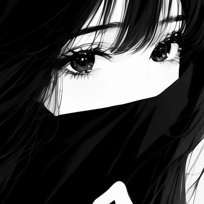 Black and white anime girl character with expressive gaze