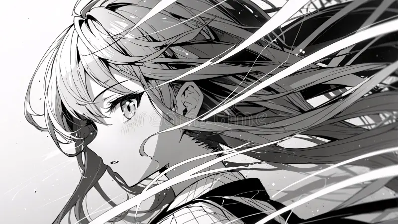 Black and white anime girl portrait with intimate composition
