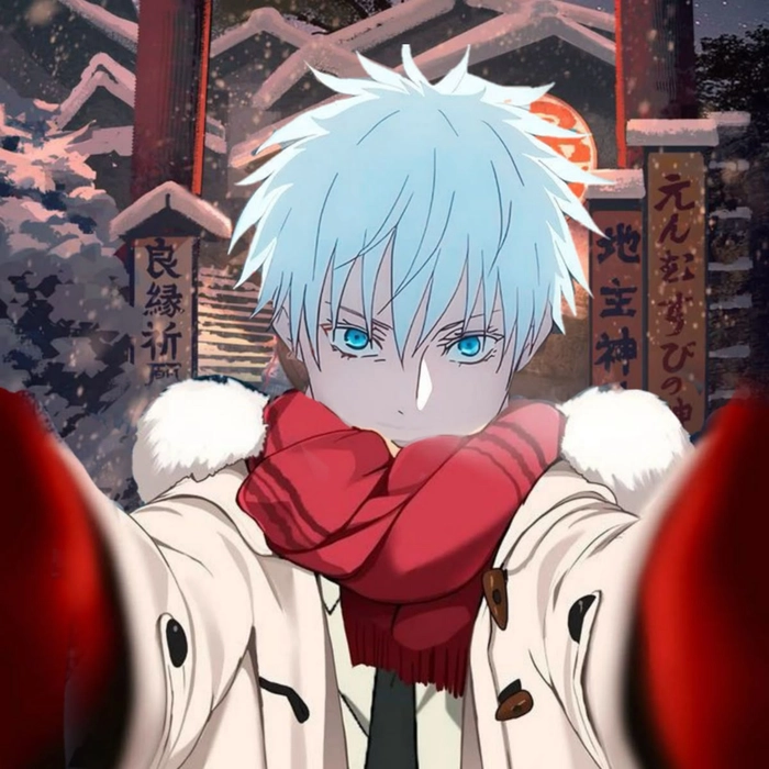 Christmas anime PFP boy with snowy street background and layered scarf