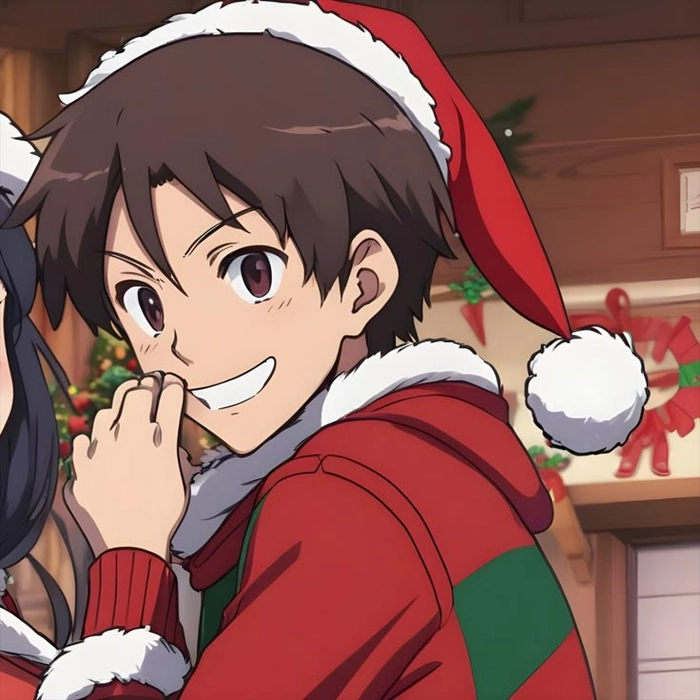 Discord-ready holiday anime PFP with simplified background and strong seasonal color contrast