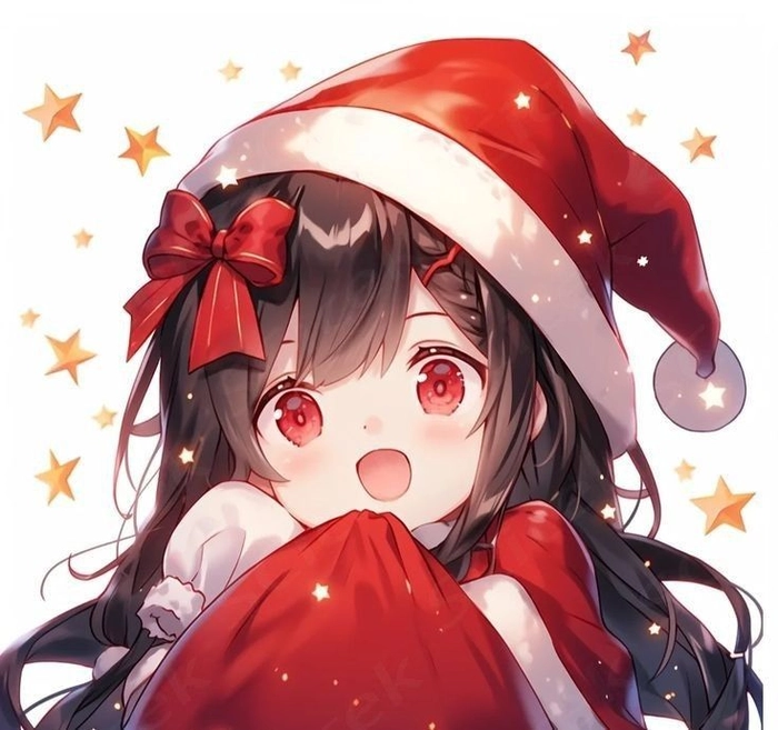 Anime girl Christmas PFP with pastel tones and festive hair accessories