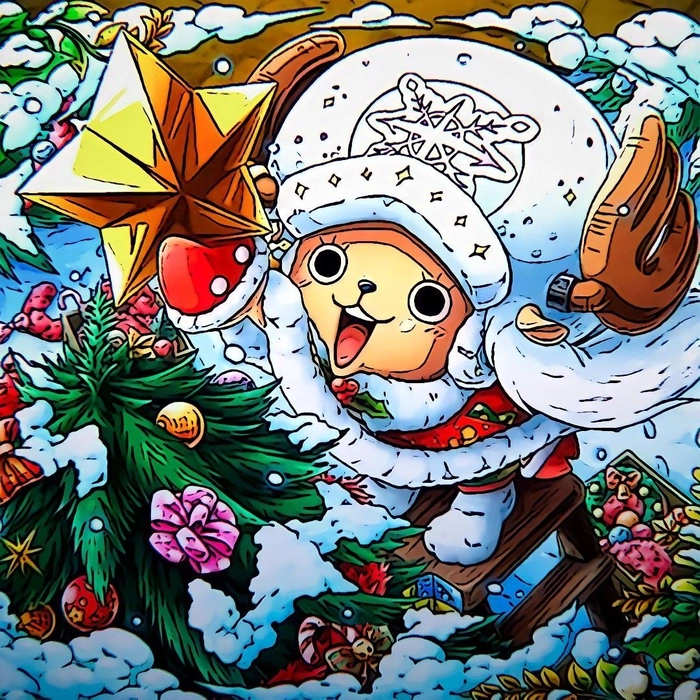 Cheerful cute Christmas anime PFP with sparkle effects and festive mood