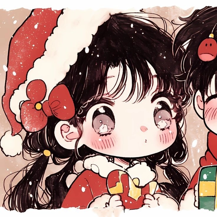 Anime girl holding gift in cute Christmas avatar with bright red and white palette