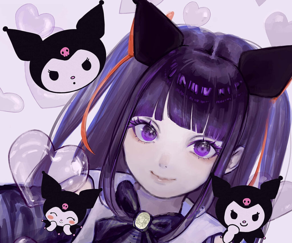 Cute emo Kuromi anime girl PFP with muted purples and moody lighting