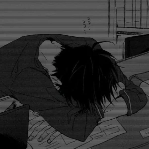 Emo sad anime PFP with dark tones, high contrast, and intense expression