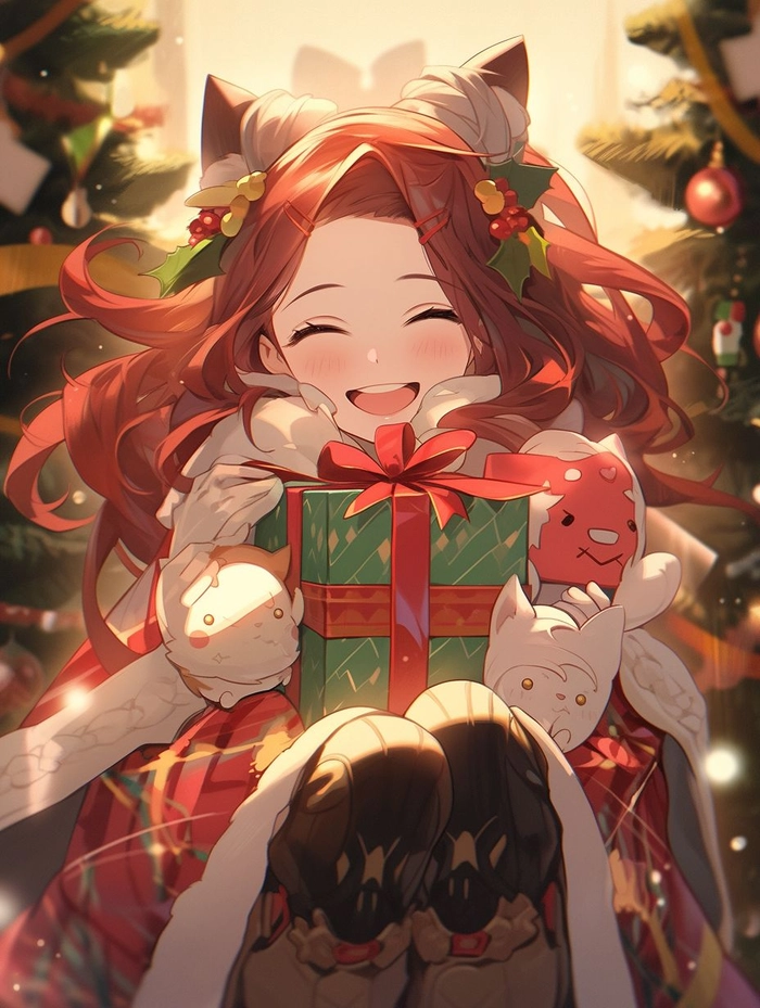 Celebratory anime Christmas avatar with glowing lights and inclusive festive energy