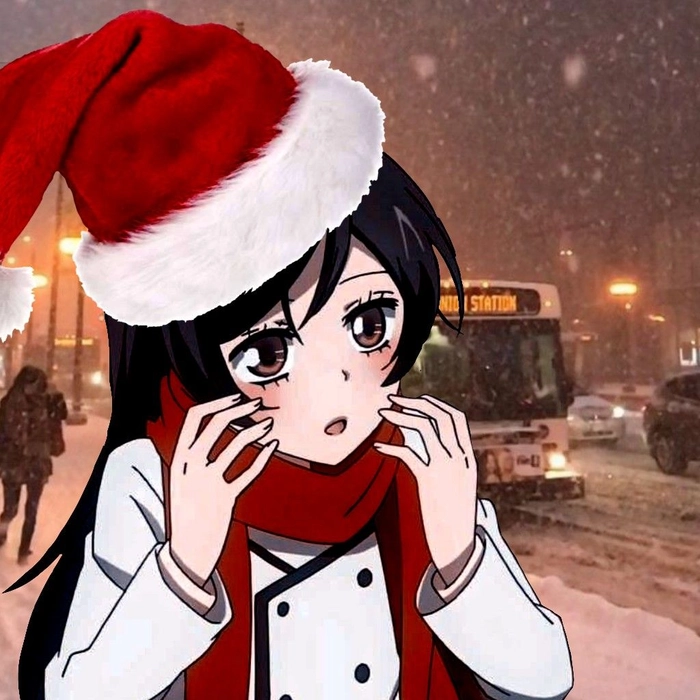 Merry Christmas anime PFP with traditional red and green holiday decorations and warm smile