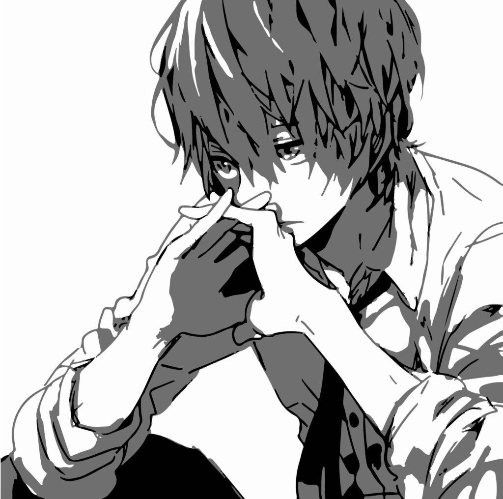 Solitary sad anime PFP grayscale negative space composition