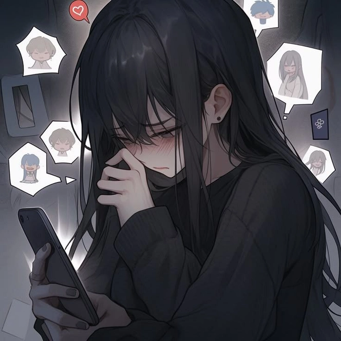 Sad anime Discord PFP with dark background and high-contrast expression