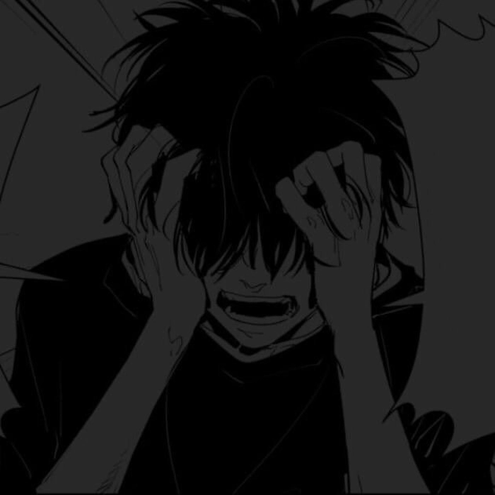 Fake smile sad anime profile picture with tired eyes and warm surface tone