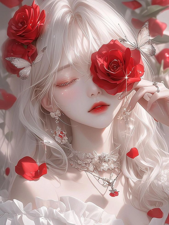 Soft aesthetic anime rose profile picture with gentle character expression and floral overlay