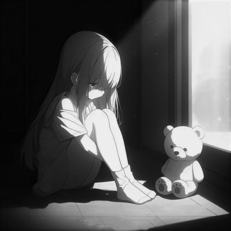 Aesthetic sad PFP anime with rain-streaked window and cinematic blue lighting