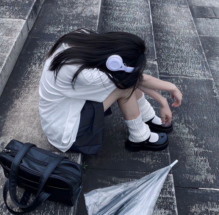 Sad aesthetic PFP girl with film grain texture and pastel melancholy tones
