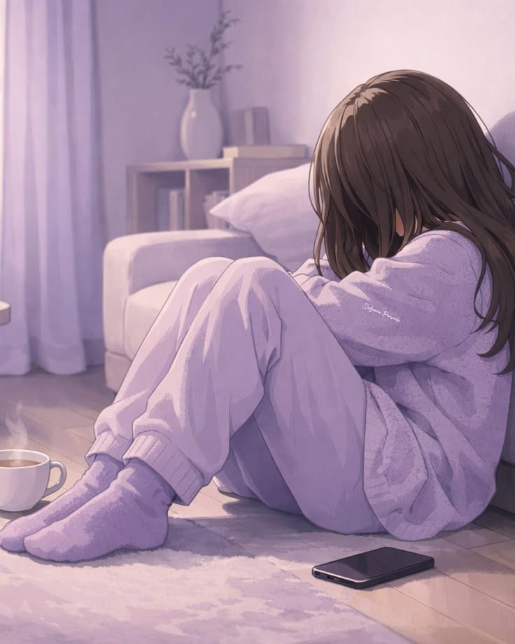 Feminine aesthetic sad PFP with lavender haze and solitary pose