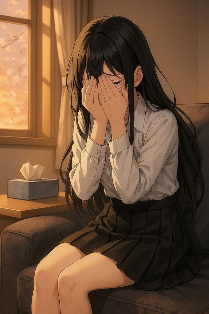 Anime aesthetic sad PFP with contemplative character under atmospheric dusk lighting