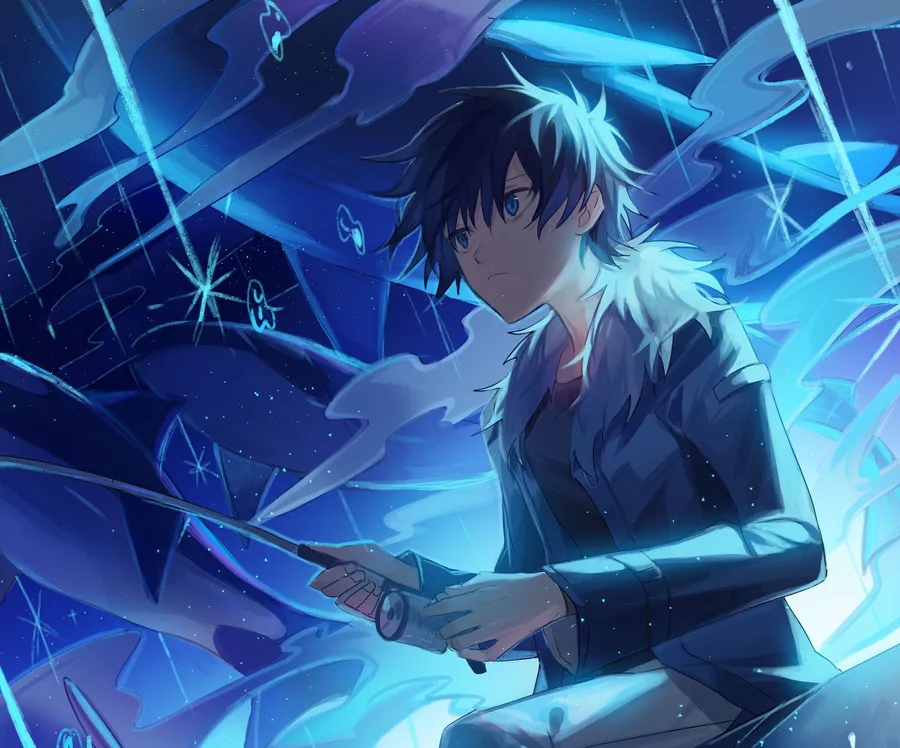 blue tone anime boy PFP with nighttime sky and calm moonlit atmosphere