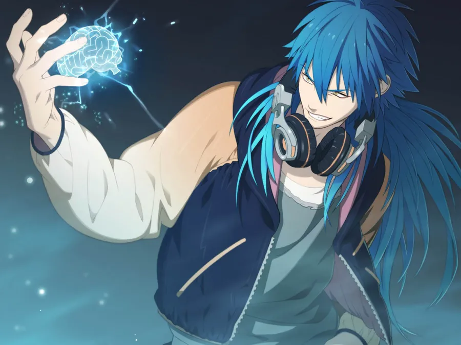 futuristic blue toned anime boy portrait with glowing water and reflective lighting