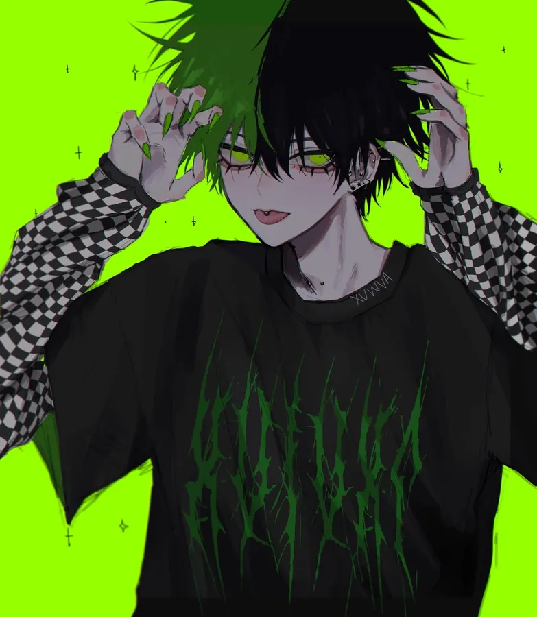 anime boy PFP with green tone forest background and glowing emerald lighting
