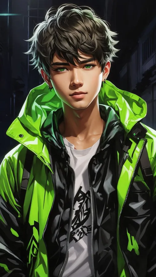 mystical green palette anime boy portrait with glowing particles and forest atmosphere