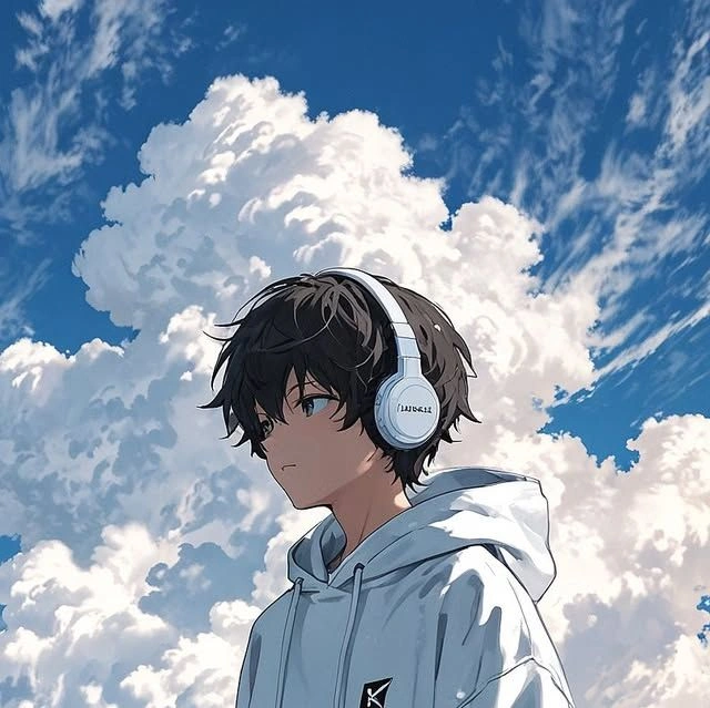 anime boy Pinterest aesthetic avatar with glowing stars and pastel sky background