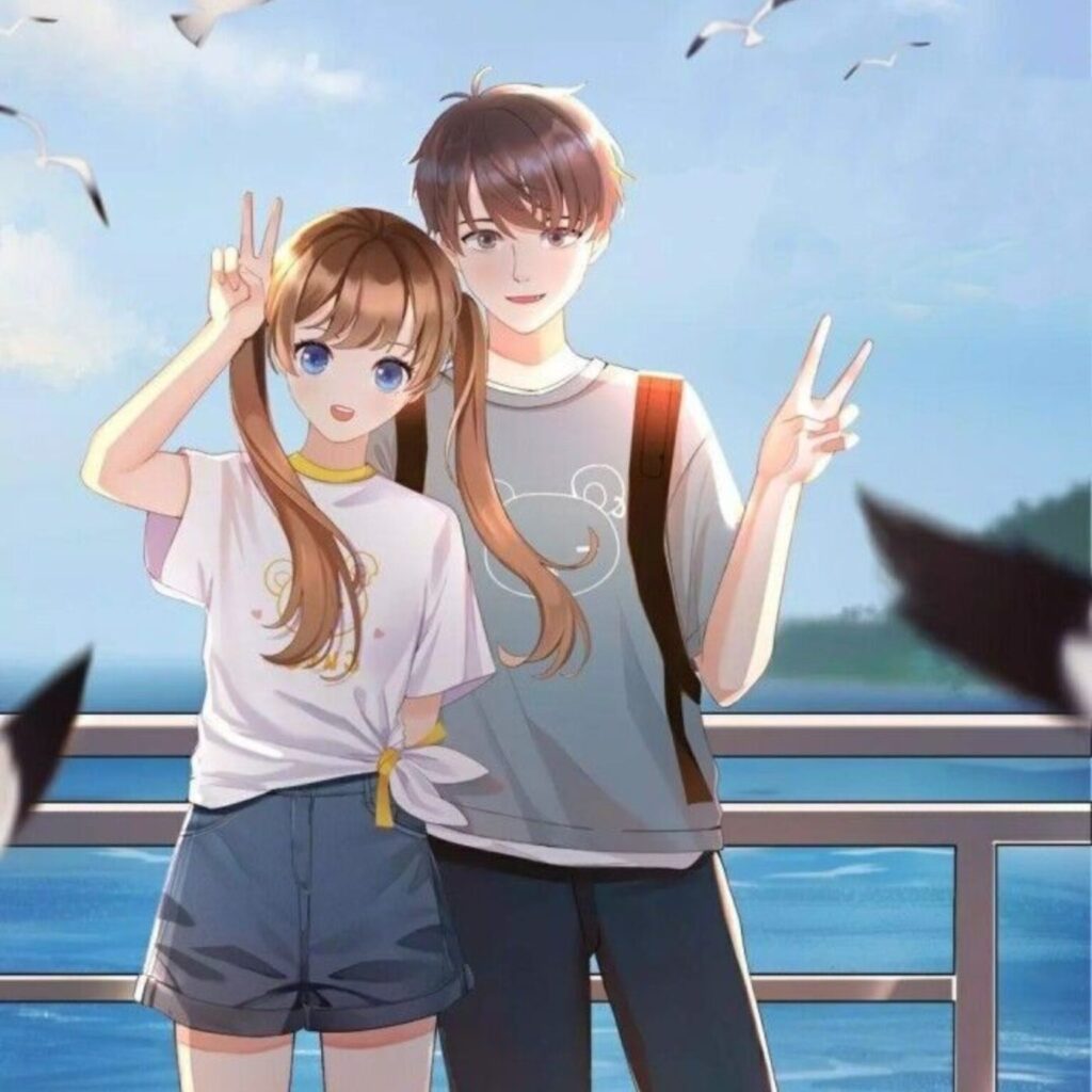 Anime couple profile picture for Instagram with sunset-inspired hues