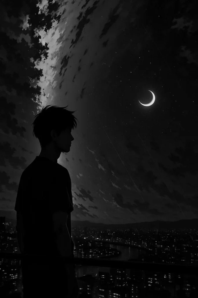 black themed anime boy PFP with dark silhouette and neon glow accents