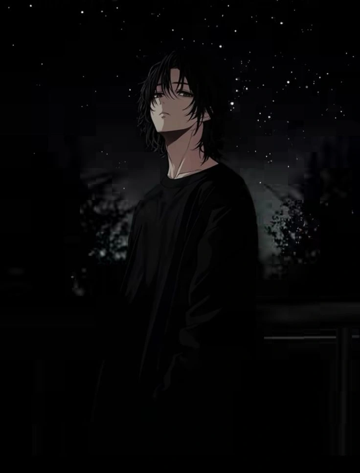 dark black anime boy avatar with glowing particle effects and minimal color