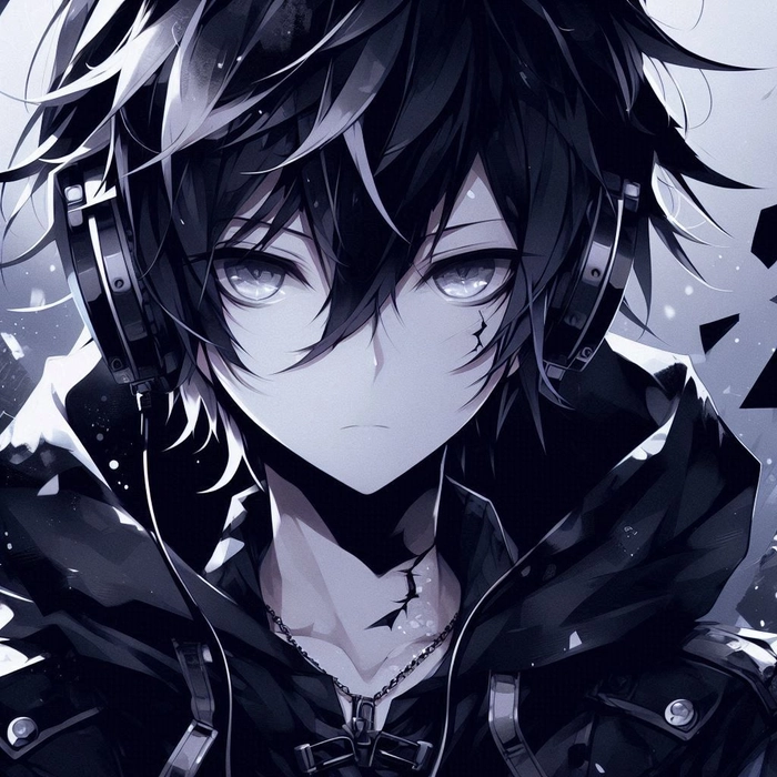 intense black themed anime boy portrait with high contrast and mysterious mood
