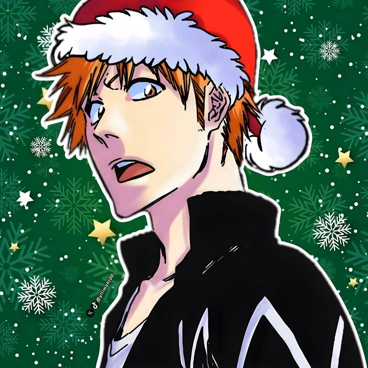 Bleach anime Christmas profile picture with Santa hat and cozy holiday aesthetic