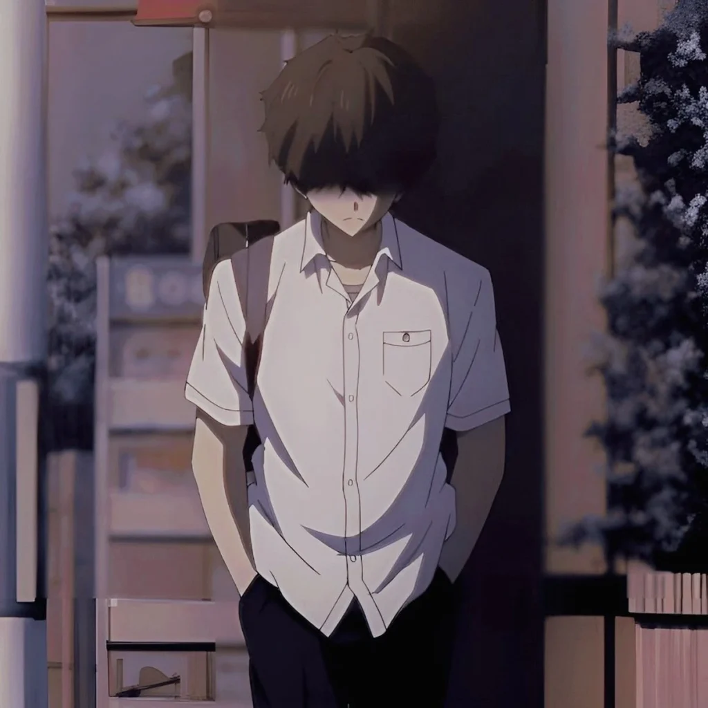 anime boy mood PFP with city lights background and nostalgic color tone