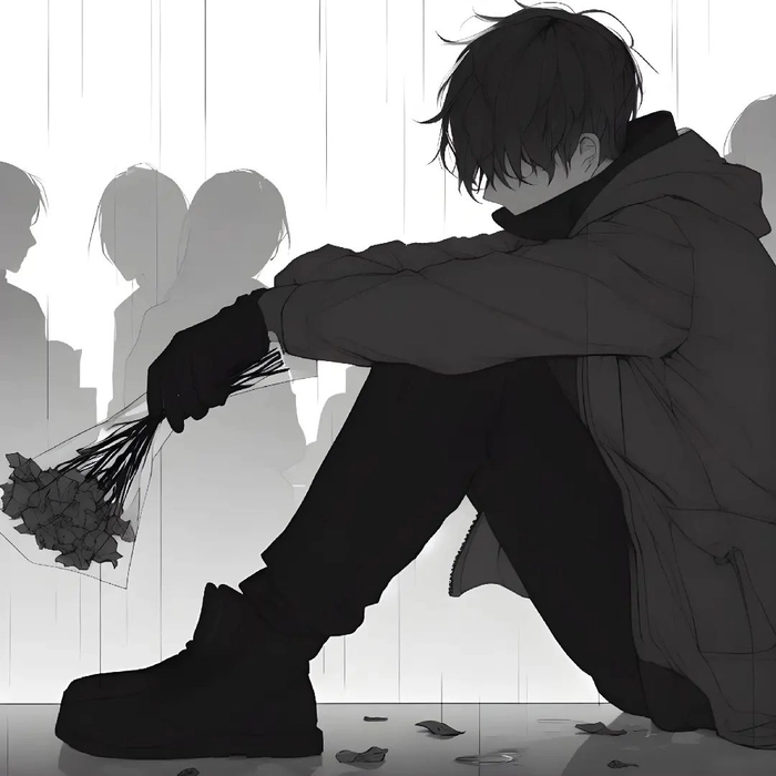 broken sad anime boy PFP with muted blue tones and distant expression
