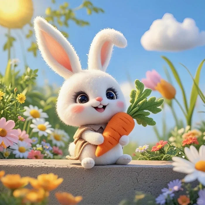 Storytelling cartoon bunny avatar with cozy interior setting and soft shading