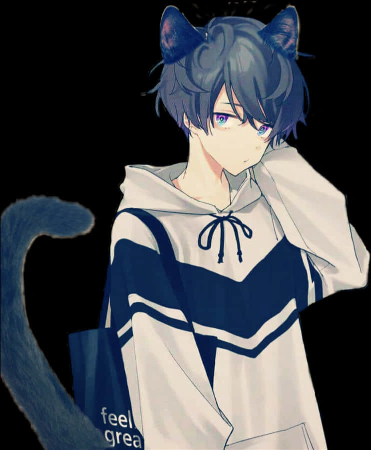 cute cat boy anime portrait with tail detail and cheerful cozy background