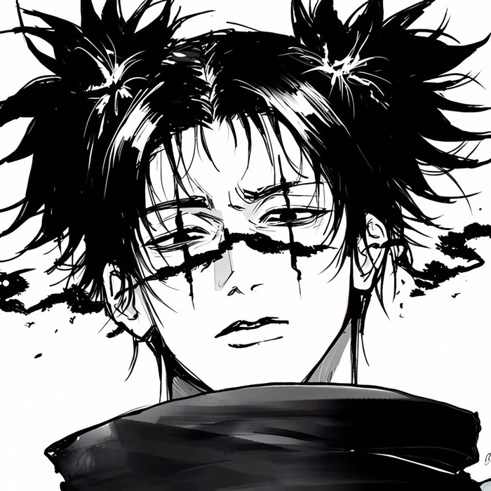 Black and white Choso manga PFP with ink texture and narrative framing
