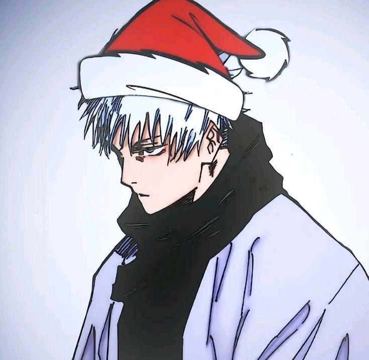 Christmas Choso PFP with snowflakes, winter scarf, and festive holiday lighting