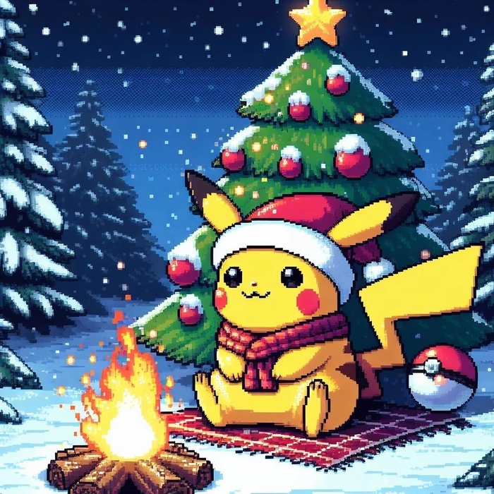 Holiday Pikachu profile picture with Christmas lights and warm winter atmosphere