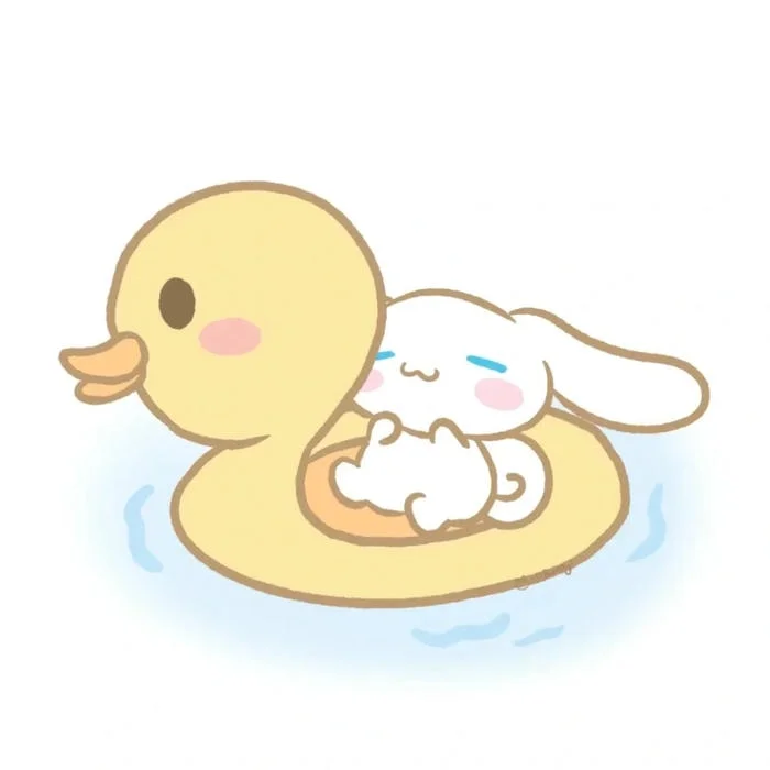 Cinnamoroll floating in a wide soft-blue atmospheric wallpaper scene