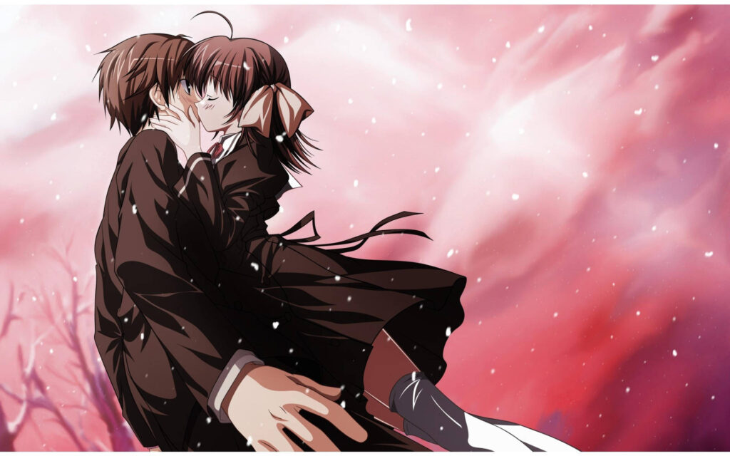 Couple anime PFP kiss with romantic intensity and soft minimal background