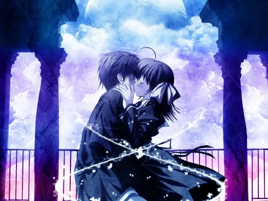Kiss anime couple PFP with intimate lighting and expressively affectionate moment
