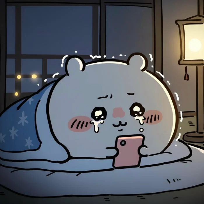 Cute aesthetic sad PFP with chibi character, tiny tears, and baby blue palette