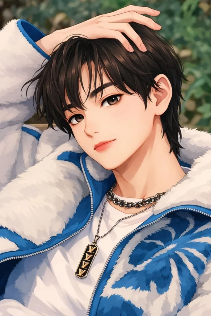cute anime boy portrait with warm pastel tones and playful expression