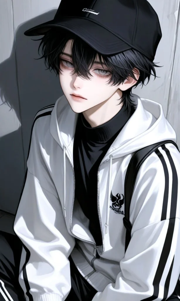 cute anime boy character portrait with bright cheerful background and blush detail