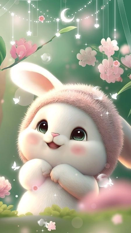 Pink cute bunny PFP with baby pink tones and glossy sparkling highlights