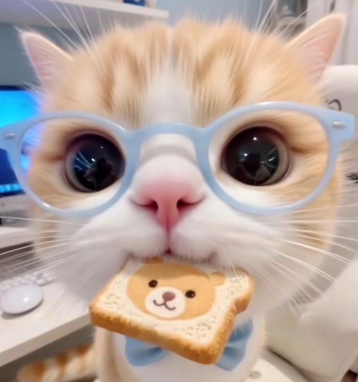 Cute cat PFP wearing round glasses with cozy academic styling