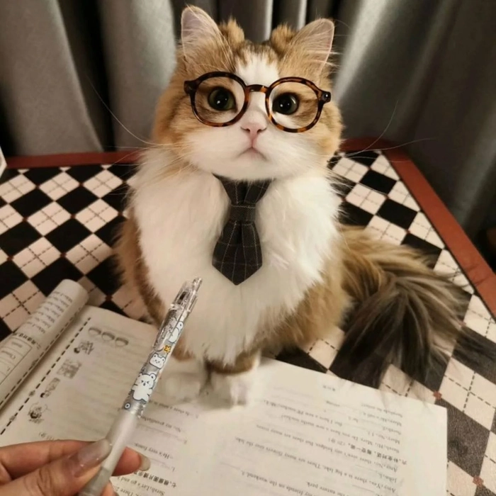 Intellectual cute cat avatar with round spectacles and book prop