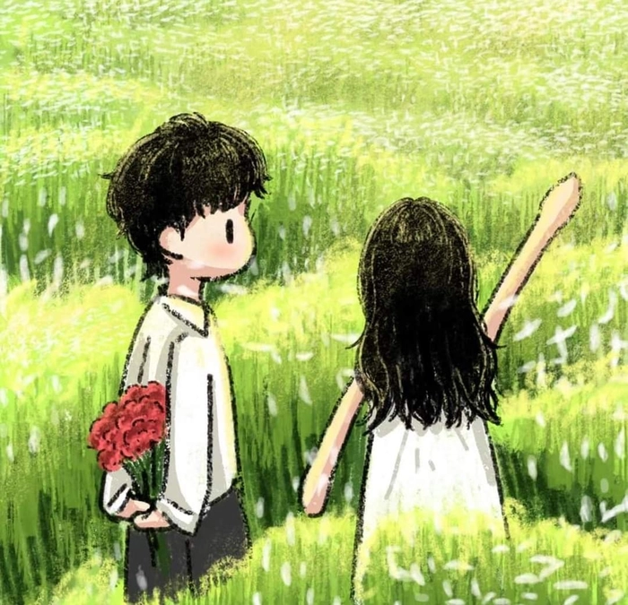 Playful cute anime couple pic with bright expressive characters and warm mood