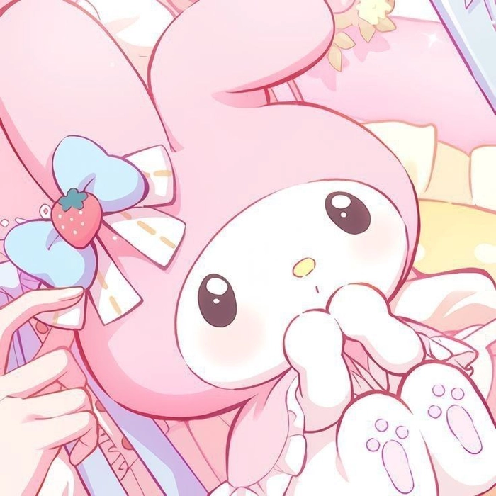 Sanrio pink avatar in bubblegum tones with warm romantic lighting