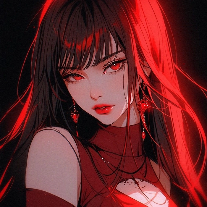 Cute red aesthetic PFP with sparkle overlay and chibi character in rose tones